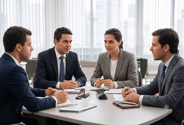 Four people at a boardroom table in a meeting