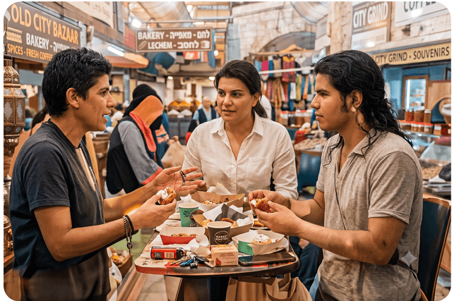 People interacting at a market stall